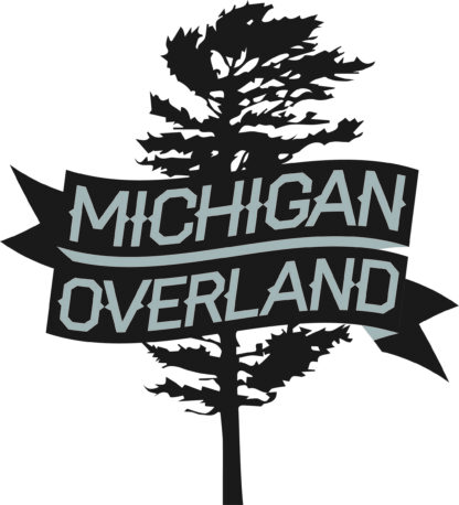 Michigan Overland grey tree and banner logo